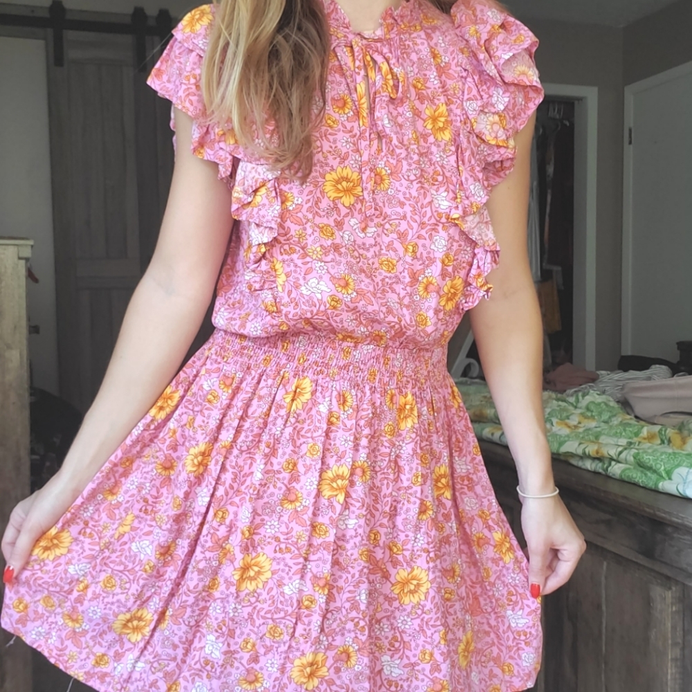 Boho Ruffled & High Neck Mini Floral Cottage Dress
